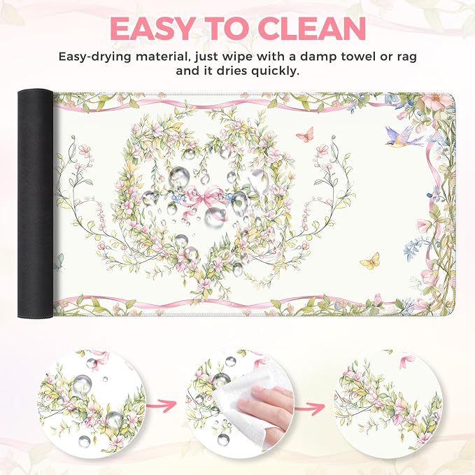 iCasso Desk Matt for Desktop,Cute Desk Pad,White | Anti-Slip Large Gaming Mousepad,Soft Lycra Surface Computer Mat Women, Girly Keyboard Pad for Home Office
