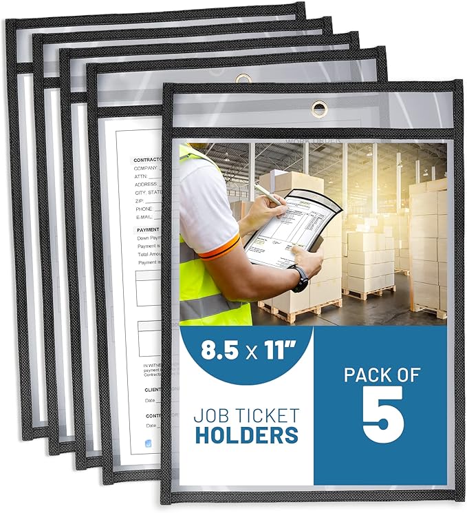 5 Pack Job Ticket Holders 8.5x11 - Work Order Plastic Sleeves for Documents - 8 1/2 x 11 Shop Ticket Holders - Dry Erase Pocket Sleeves - Dry Erase Pockets - Dry Erase Sleeve - Clear Pocket Sleeve