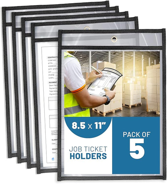 5 Pack Job Ticket Holders 8.5x11 - Work Order Plastic Sleeves for Documents - 8 1/2 x 11 Shop Ticket Holders - Dry Erase Pocket Sleeves - Dry Erase Pockets - Dry Erase Sleeve - Clear Pocket Sleeve