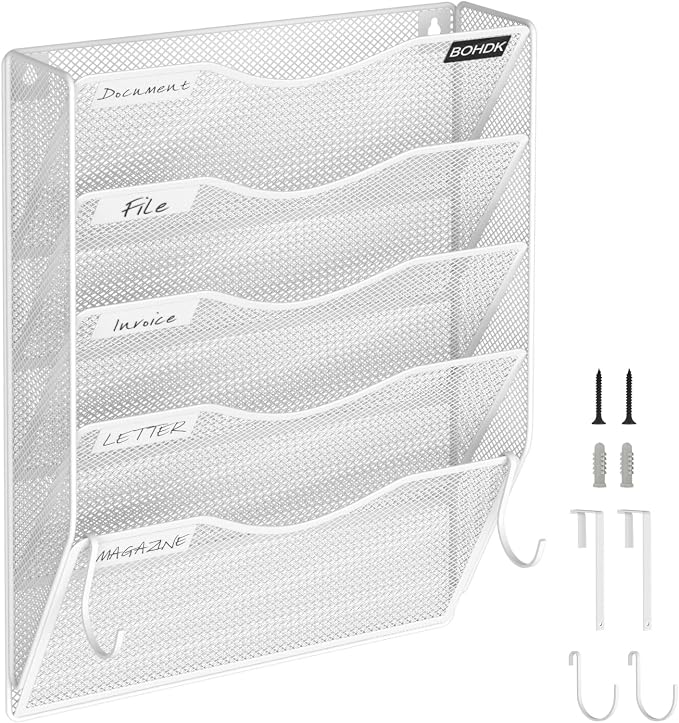BOHDK Wall File Organizer, 5 Tire Hanging File Folder Organizer, Vertical Mesh Metal Door/Wall Mount Hanging File Holder, Paper Document Magazine Rack with Hooks for Home Office White