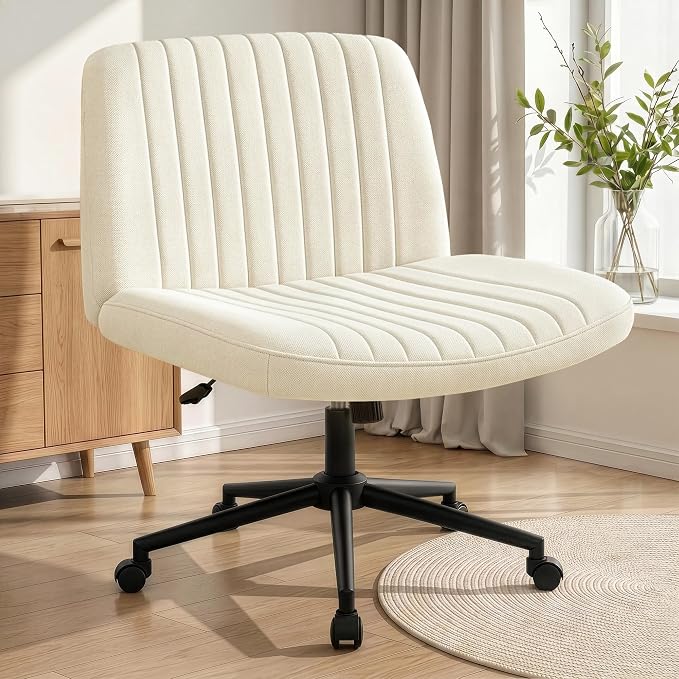 NEO CHAIR Criss Cross Chair with Wheels Armless Cross Legged Office Desk Wide Comfy Vanity Makeup Chair Adjustable Swivel Rolling Computer for Home Office Fabric (Beige) | Cross-Legged Friendly Design, Dual Base with Wheels or Pads, 360° Swivel & Heigh...
