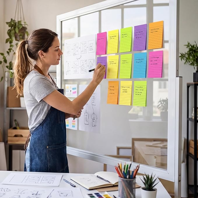 Lined Sticky Notes 4x6 in, Strong Adhesive Self Stick Note Pads | Sticky Notes with Lines, 6 Colorful Options, Perfect for Office, Classroom, Task Reminders, Smooth Writing(12 Pack)