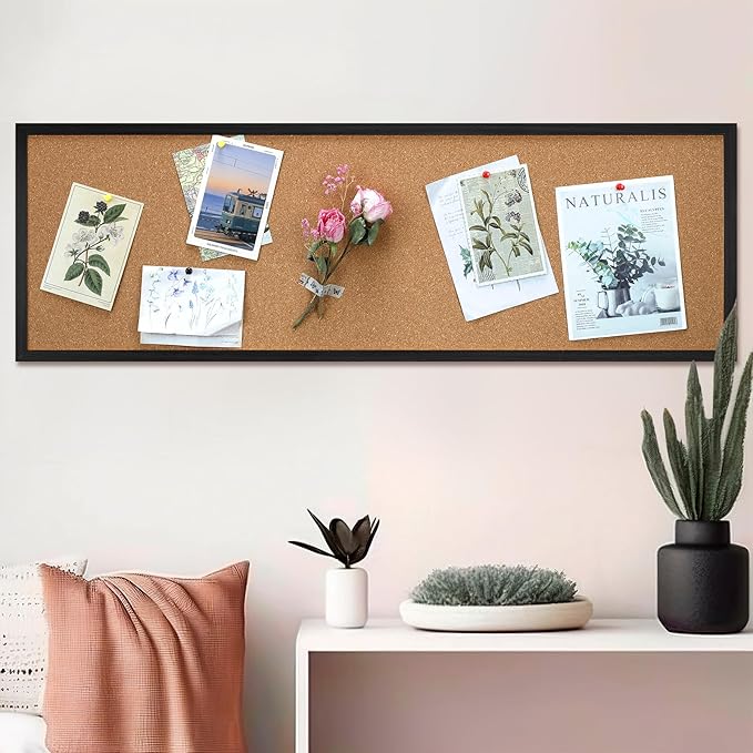 12'' x 36'' Cork Bulletin Board Framed Large Wall Mounted Corkboard with Installation Kit, Push Pins for Home and Office Decor, School Message or Vision Background(Black)