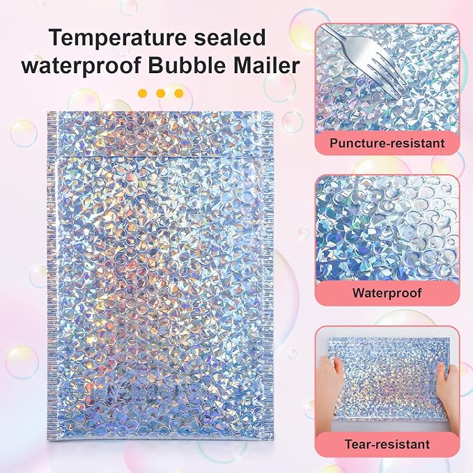 30Pack Holographic Bubble Mailer, Cushion Envelope 11x7In, Silver | Waterproof Self Sealing Poly Padded Envelope, Metallic Mailing Envelopes Bubble Padded for Shipping Mailing Packing