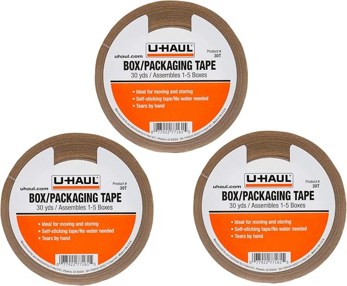 U-Haul Moving Box Paper Tape (Ideal for Moving, Packing, Storage Boxes) - Pack of 3 Rolls (30 Yard Rolls, 90 Yards Total) - Easily Tears by Hand