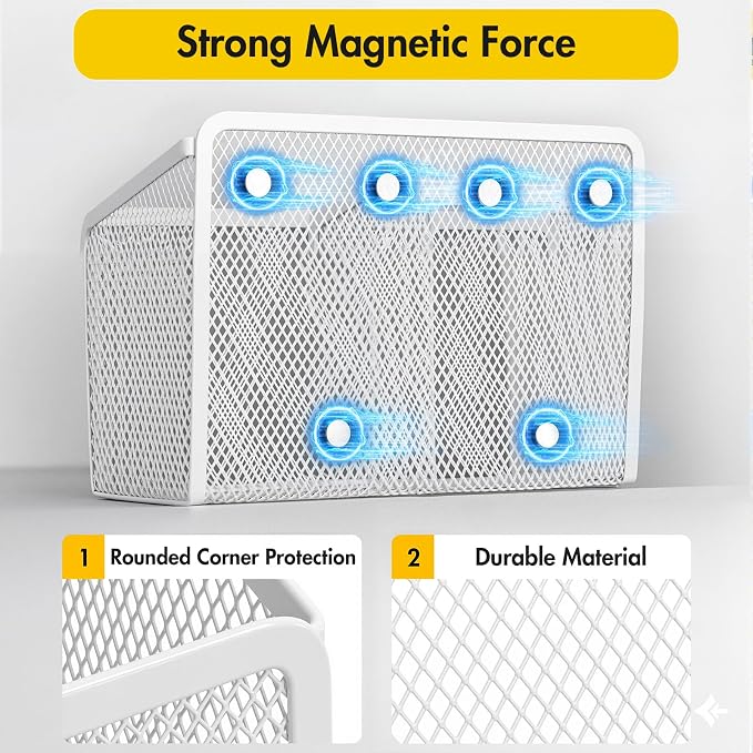 BEYGORM Magnetic Dry Erase Marker Holder for Whiteboard, Locker Organizer | Mesh Non-slip Pen & Pencil Holder for Refrigerator, Basket for Classroom, School &Office (White, 1-Pack)
