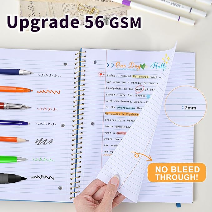 Spiral Notebook College Ruled Paper 8" x 10-1/2", 1 Subject Spiral Notebook, 3-Hole Punched Perforated Pages Ideal for School, Office, Writing, 95 Sheets Lined Journaling Notebook, Blue