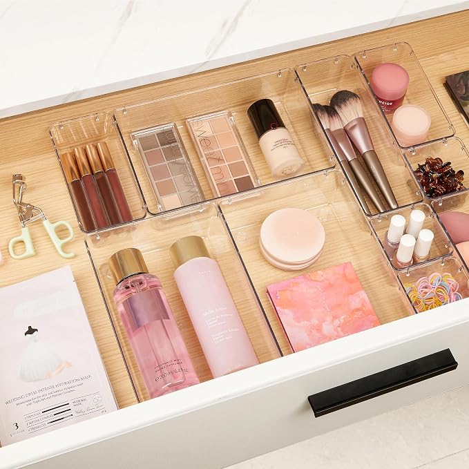 Vtopmart 10 Pack Clear Drawer Organizer Bins, 4 Sizes Makeup Storage Trays | Makeup & Vanity Storage Organizers for Drawers, Bathroom, Office and Daily Essentials, Clear Acrylic Bins Keep Items Sorted