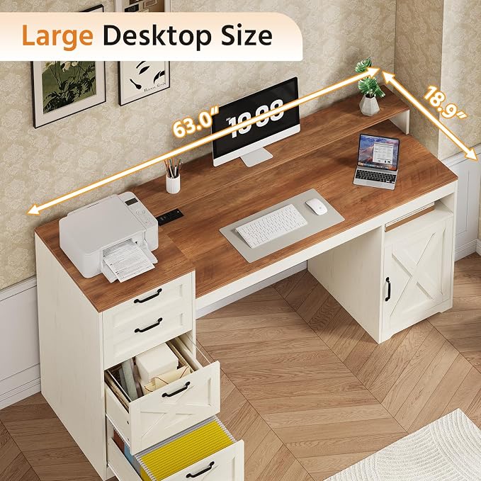 63" Farmhouse Computer Desk with 4 Drawers for Home Office, Bedroom | Executive Desk with Printer Shelf, Monitor Stand, Home Office Desks with Power Outlets, Storage Shelves, Antique White