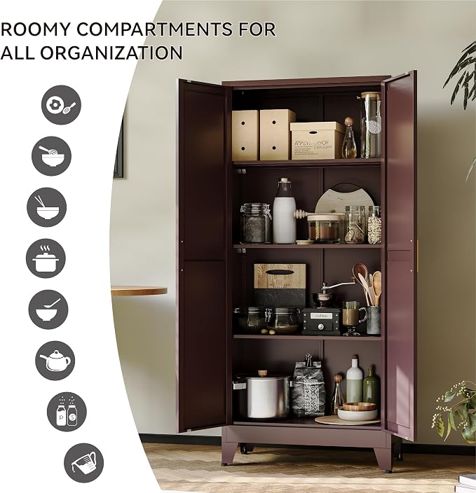 COFaR 61" Metal Storage Cabinet with Doors and Adjustable Shelves, Tall Pantry Cabinet Freestanding Kitchen Pantry Storage Cabinet, Steel Cupboard for Bathroom, Living Room & Office, Reddish Brown