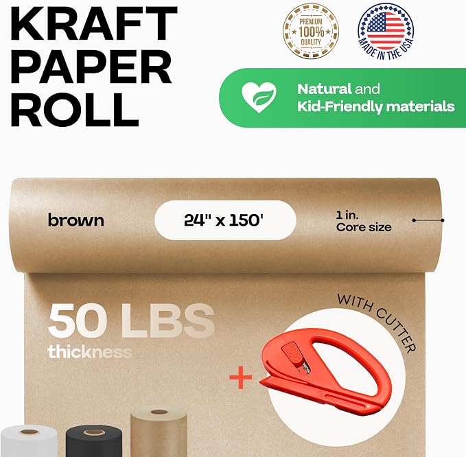 Brown Kraft Paper Roll 24" x 1800" (150 feet) with Cutter - USA-Made