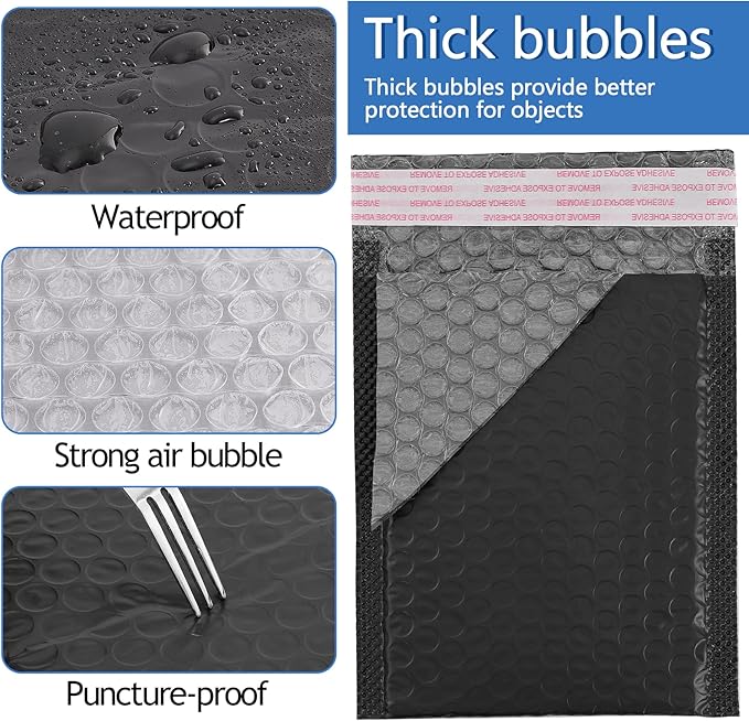 50 Pcs Black Bubble Mailers, Poly Padded Envelopes, Waterproof Self Seal Adhesive Shipping Bags, Bubble Envelopes for Mailing Shipping Packing Small Business