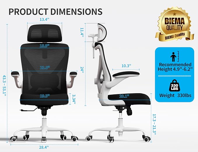 Ergonomic Office Chair: Mesh Desk Chair Comfy with Headrest& Lumbar Support | Ergalithic Big and Tall Office Chairs with Wheels & Flip-Up Arms-Computer Gaming Chairs for Adults Home Office (White Black)