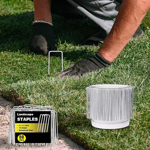 HongWay 60 Pack Landscape Staples 4 Inch, Galvanized Garden Stakes | 12 Gauge Ground Staples Sod Pins Yard Stakes for Landscape Weed Barrier Fabric, Gardening, Lawn, Turf, Irrigation Tube