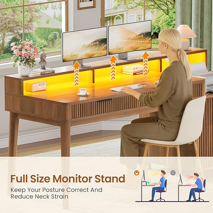 SEDETA Modern Office Desk with 4 Drawers, 59" Fluted Gaming Computer Desk with Storage, LED Lights and Power Strip, Wood Writing Desk Study Table for Home Office, Living Room, Bedroom, Brown