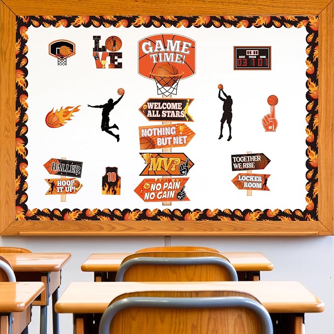 33Pcs Basketball Bulletin Board Decoration, Basketball Theme Bulletin Boarders Game Time March Sports Cutouts Madness Decorations for School Classroom Game Party Supply