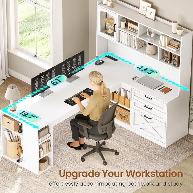 SEDETA Farmhouse 61” L Shaped Office Desk with Drawers, Storage Shelves | Computer Desk with Storage Shelves and Power Outlet, Corner Gaming Desk with LED Light and Display Cabinet for Home Office