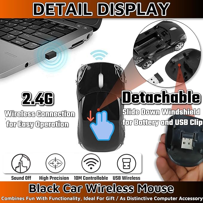 HuGuWdy Black Car Mouse，2.4G with USB Reciver 1600DPI Computer Mice Wireless for Computer Cute Wireless Mouse for Laptop Computer Tablet for Windows for Mac OS for Christmas（Black）