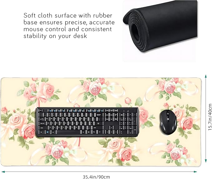 Cute Floral Aesthetic Rose Gaming Mouse Pad, Pink Macaron Desk Mat with Anti-Slip Base & Stitched Edges, Computer Keyboard & Laptop Pad, 35.4" x 15.7" in in Workstation Accessories