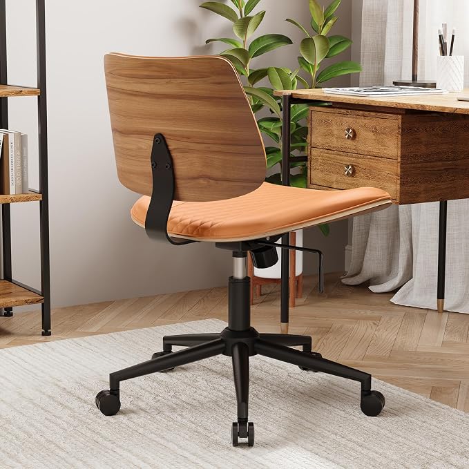 Modern Armless Office Chair with Wheels, Wide Seat Walnut, Brown | Adjustable Swivel Desk Chair with Mid Back & Tilt Function, Faux PU Leather Mid Century Modern Task Office Chair, 300LBS Cap