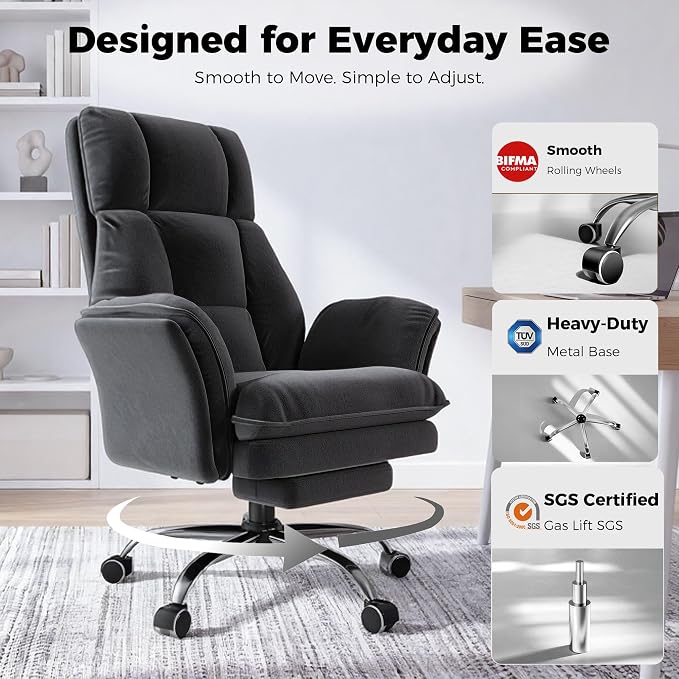 Big and Tall Office Chair, Flip Armrests for Pets & Cross Legged Sitting | Executive Ergonomic Computer Gaming Chair with Foot Rest, Crystal Velvet Wide Seat Reclining Desk Chair