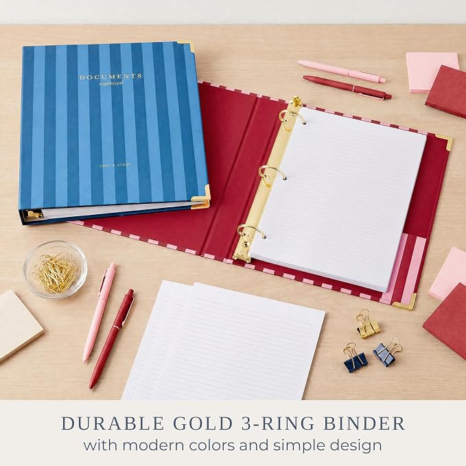 Aesthetic 3 Ring Binder Set of 2 - Sturdy 1 Inch Binder Fits Letter Sized Paper - Striped Three Hole Ring Holder for Women or Men with Pocket Easily Organizes Your Paperwork for School, Office or Work