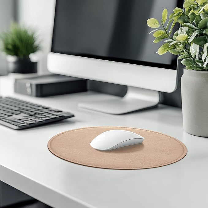 PU Leather Mouse Pad With Stitched Edge Micro-Fiber Base - Non-Slip Waterproof for Computers, Laptop - Round 9 x 9 Inch (Champagne Gold)