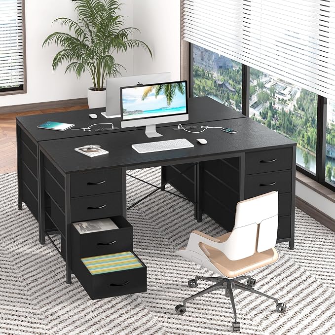 50 Inch Computer Desk with 8 Drawers for Home Office, Bedroom, Living Room | Home Office Desks with Power Outlets, Work Study Gaming Desk with 8 Fabric Drawers, Black
