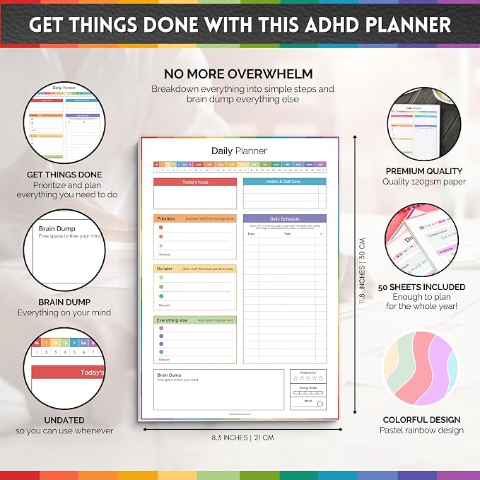 ADHD Daily Planner Notepad for Neurodivergent Adults - Productivity Daily Planner Desk Pad & Task Management to Stay Organized and Focused Note Pad | A4 (Colorful, A4 Portrait)