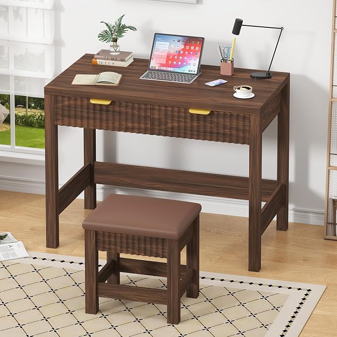 32 Inch Small Fluted Computer Desk with 2 Drawers & Stool for Bedroom | Small Wooden Computer Desk with Storage, Compact Writing Study Vanity Desk with Stool for Small Spaces, Walnut