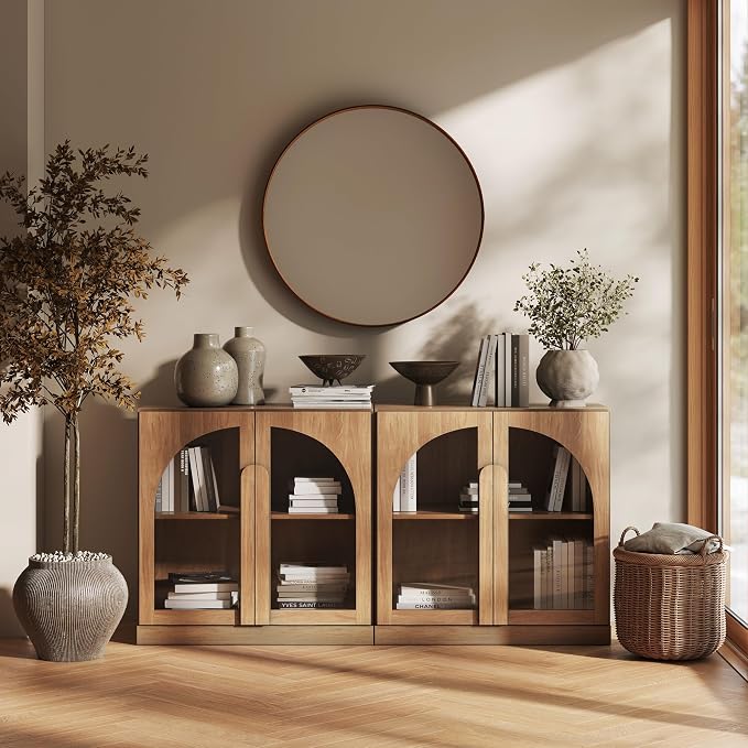 BELLEZE 2 Tier Bookshelf with Arched Glass Door, Set of 2 Modern Display Bookcase Shelf with Storage and Adjustable Shelves, 63" Wood Bookshelves for Living Room Office Entryway (Camel)