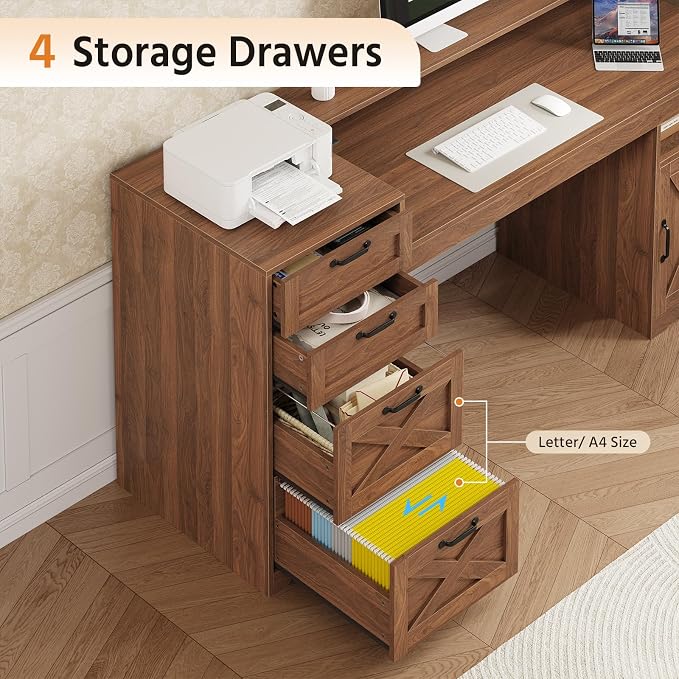 63" Farmhouse Computer Desk with 4 Drawers for Home Office, Bedroom | Executive Desk with Printer Shelf, Monitor Stand, Home Office Desks with Power Outlets, Storage Shelves, Brown