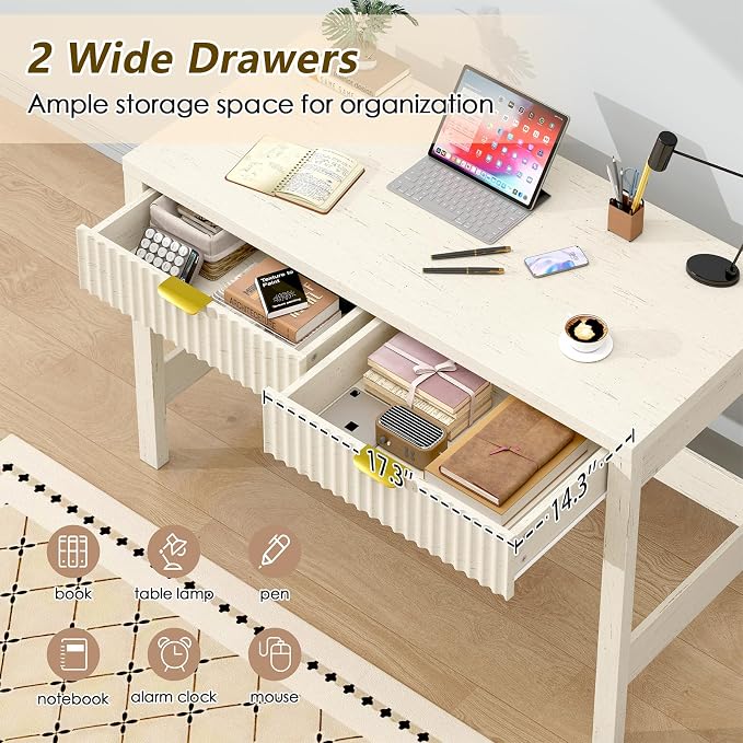 39 Inch Small Fluted Computer Desk with 2 Drawers for Bedroom, Home Office | Small Computer Desk with Storage for Bedroom, Compact Writing Study Desk for Small Spaces, White