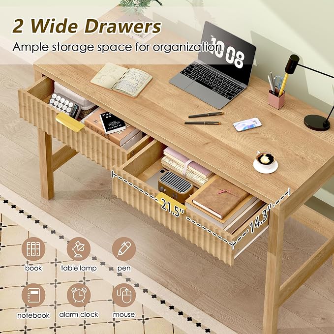 47 Inch Small Fluted Computer Desk with 2 Drawers for Bedroom, Home Office | Small Computer Desk with Storage, Compact Writing Study Desk for Small Spaces, Oak