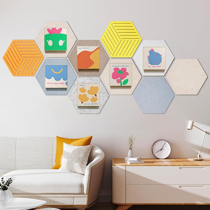 Hexagon Felt Bulletin Cork Board Tiles Peel and Stick, 10 Pack | 1300g/m² Dense Polyester Fiber, Self-adhesive, Frameless, Modern, Modular Wall Decor, 12 x 10 inch, 30 Push Pins