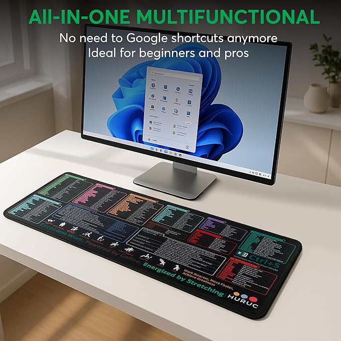 Excel Cheat Sheet Desk Pad – XL Excel Mouse Pad with Shortcut Keys & Formulas | 31.5"x11.8" Waterproof Non-Slip Desk Mat, HD Print, Stitched Edges for Work & Gaming
