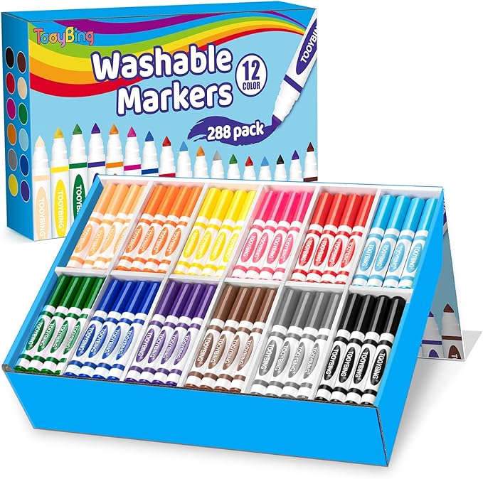 Washable Markers Bulk (288 Count), 12 Assorted Colors, Washable Markers for Kids Classroom School, Broad Tip Durable for Back to Classroom Art School Supplies Essentials