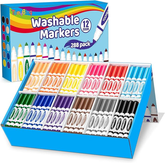 Washable Markers Bulk (288 Count), 12 Assorted Colors, Washable Markers for Kids Classroom School, Broad Tip Durable for Back to Classroom Art School Supplies Essentials