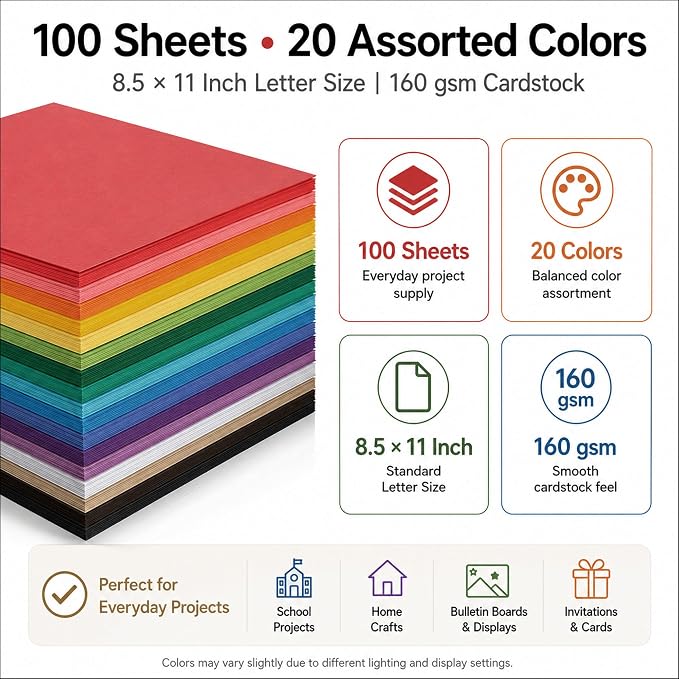 Colored Cardstock 8.5 x 11, 20 Assorted Construction Paper, 60 lb | Cardstock Printer Paper 8.5 x 11, 100 Sheets of Assorted Card Stock for Classroom, Greeting Cards, Scrapbooking and Crafts.