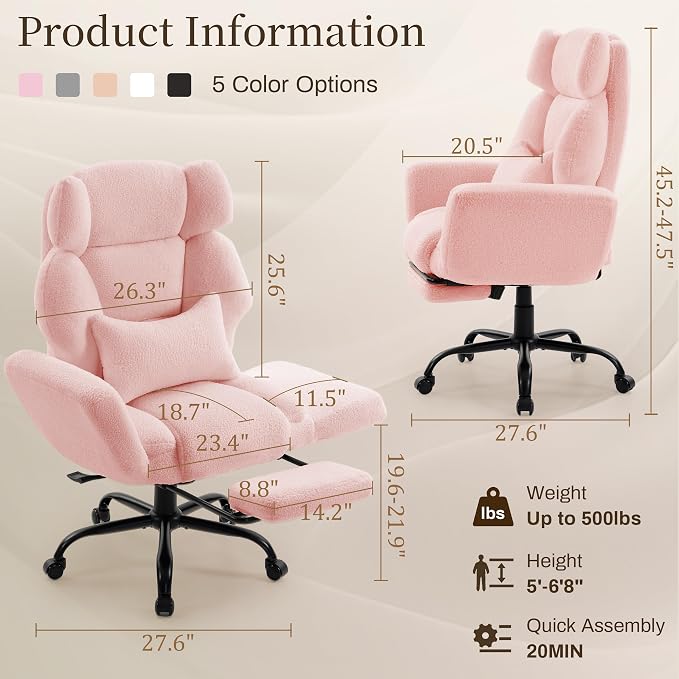 Office Chair with Flip Armrests,Big and Tall Office Chair with Foot Rest,Extra Wide Seat & Lumbar Pillow,Comfy Criss Cross Chair for Pets Sitting,Ergonomic Computer Gaming Chair,Teddy Fleece,Pink