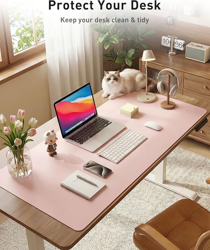 Aothia Faux Leather Desk Mat - Large Mouse Pad, Non-Slip PU Leather Blotter, Waterproof Writing Surface for Office and Home (Fairy Pink, 42" x 17")