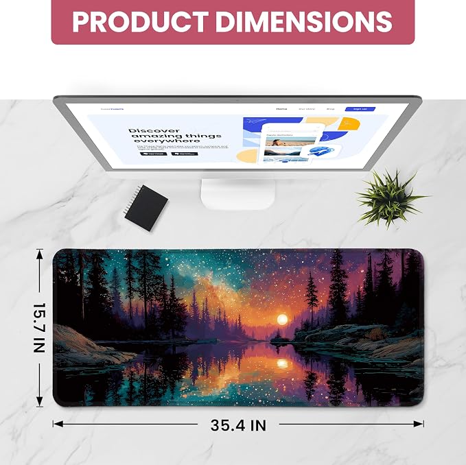 Aesthetic Desk Mat, Cute Aurora Lake Desk Pad Protector for Work & Decor, 35.4" x 15.7", Pretty Non-Slip Extended Mouse Pad for Office or Home
