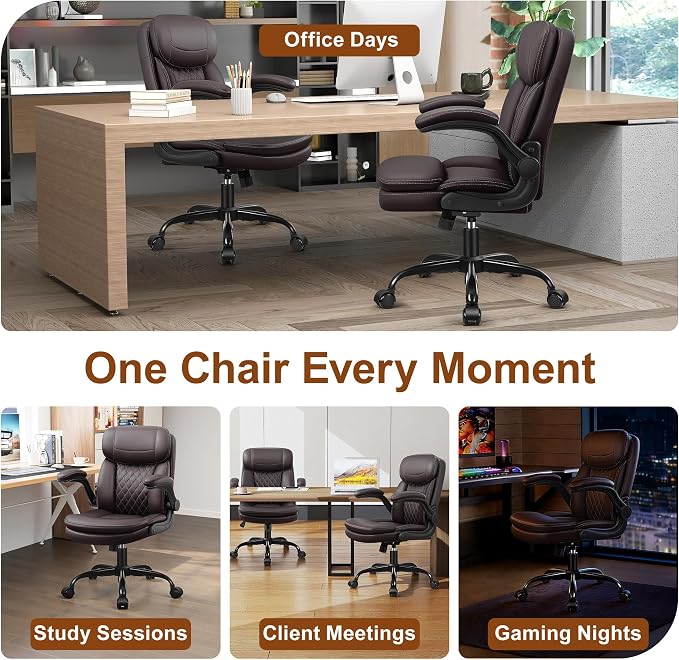 Leather Office Chair, PU Computer Desk Chairs with Upgraded Double-Layer Seat Cushion and Neckrest, 360°Swivel, Ergonomic Small Gaming Chair with Wheels and Adjustable Armrests, Dark Brown