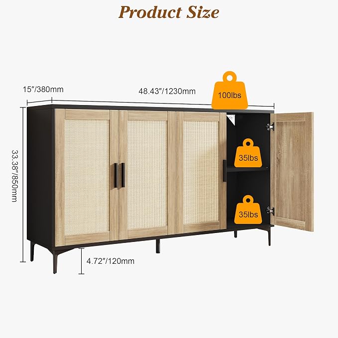 JASIWAY Sideboard Buffet Cabinet with Storage, 48" Rattan Coffee Bar | Credenza Storage Cabinet With Doors and Shelves, Black Rattan Cabinet for Dining Room, Entryway and Living Room, Anti-Tip