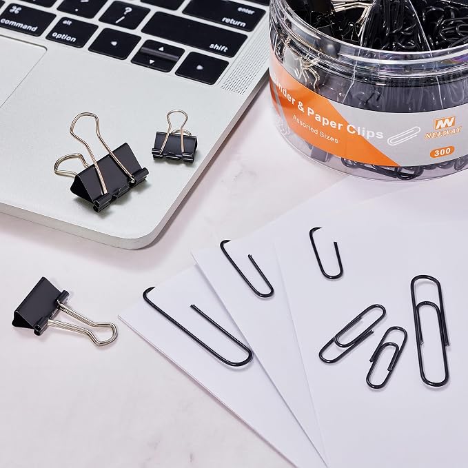 NEEWAY 300pcs Paper and Binder Clips Assorted Sizes, Black