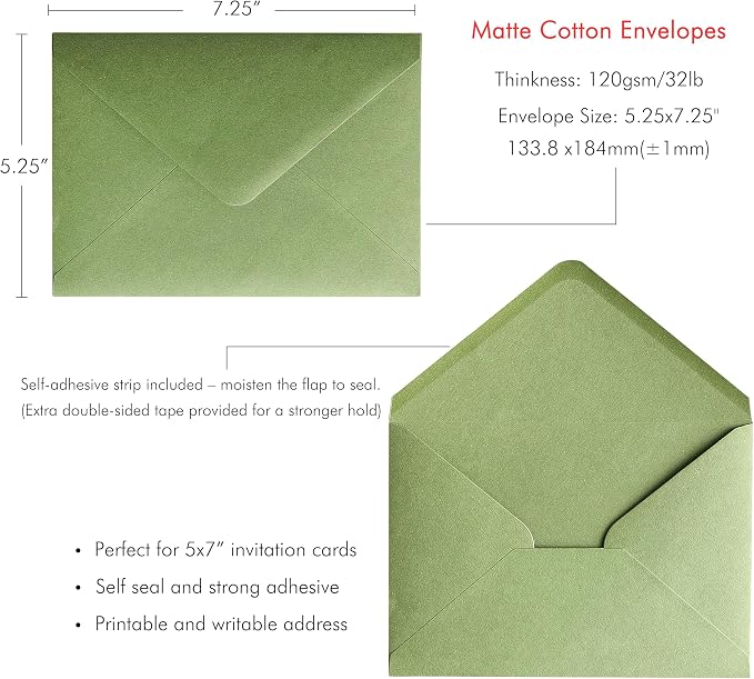 PONATIA 50 PCS/Pack A7 Envelopes, 5.25 x 7.25'' Sage Green Envelopes For 5 x 7'' Weddings Invitation Cards, Christmas Gift Cards, Acrylic Invitations, Photos and Any 5x7 Inserts