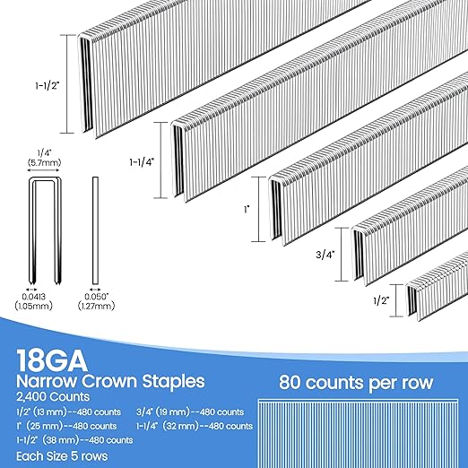 meite 18 Gauge 1/4-Inch Narrow Crown Staples, Assorted 5 Sizes (1/2", 3/4", 1", 1-1/4", 1-1/2" Each Size 480 Counts). Galvanized Staples for Heavy Duty and Upholstery, 5 Sizes Project Pack