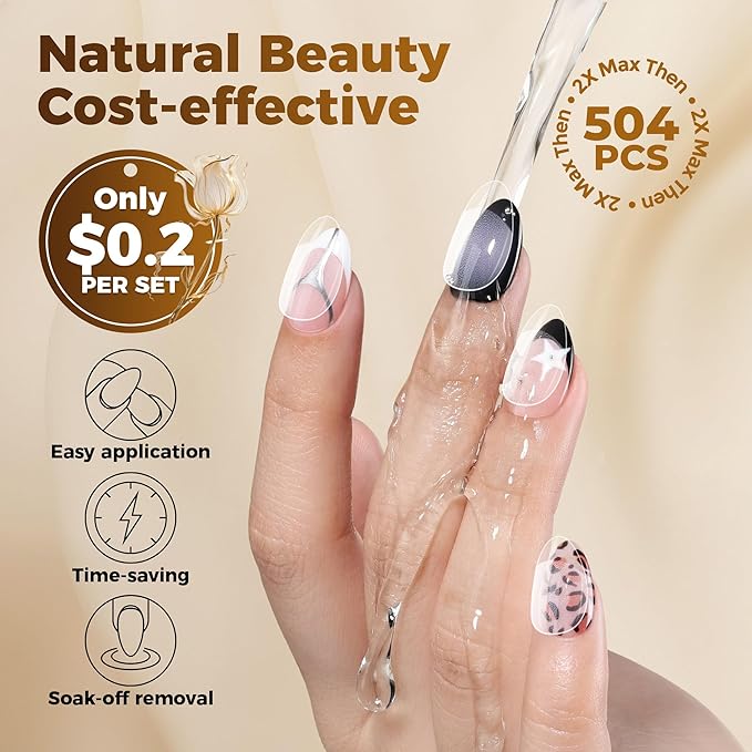 UNA GELLA Short Oval Almond Fake Nails 504pcs Press on Nails Pre-shape Short Almond Round Gel Nail Tips for Full Cover Acrylic False Nails For Nail Extension Home DIY Salon 12 Sizes False Gelly Tips