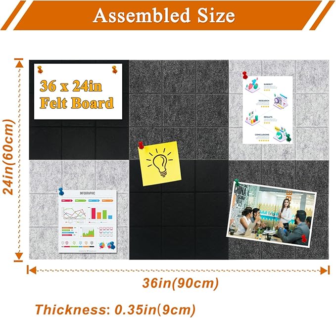 Large Square Felt Cork Board Tiles, Self Adhesive DIY Felt Bulletin Board with 35 Pushpins for Office School Home Wall Decor Stickers Memos (Black & Grey)