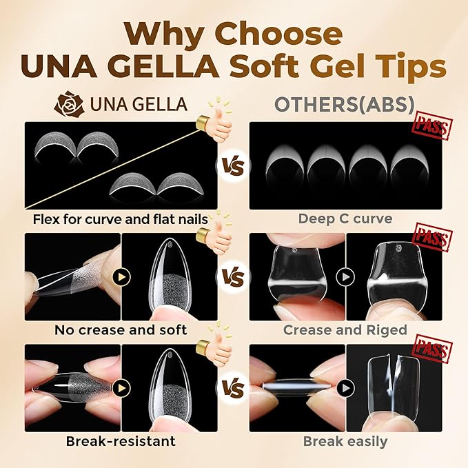 UNA GELLA Almond Gel Nail Tips, 504PCS Pre Etched Clear Fake Nails Tips Medium Almond Shape - 12 Sizes Full Cover Soft Acrylic Press On Nail Extensions No C Curve Gift for Diy at Home